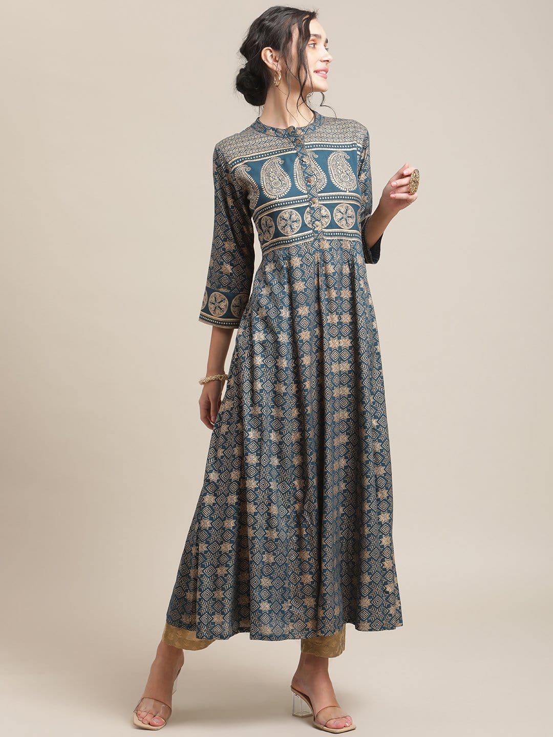 Women's Teal And Gold Printed Flared Anarakali Kurta