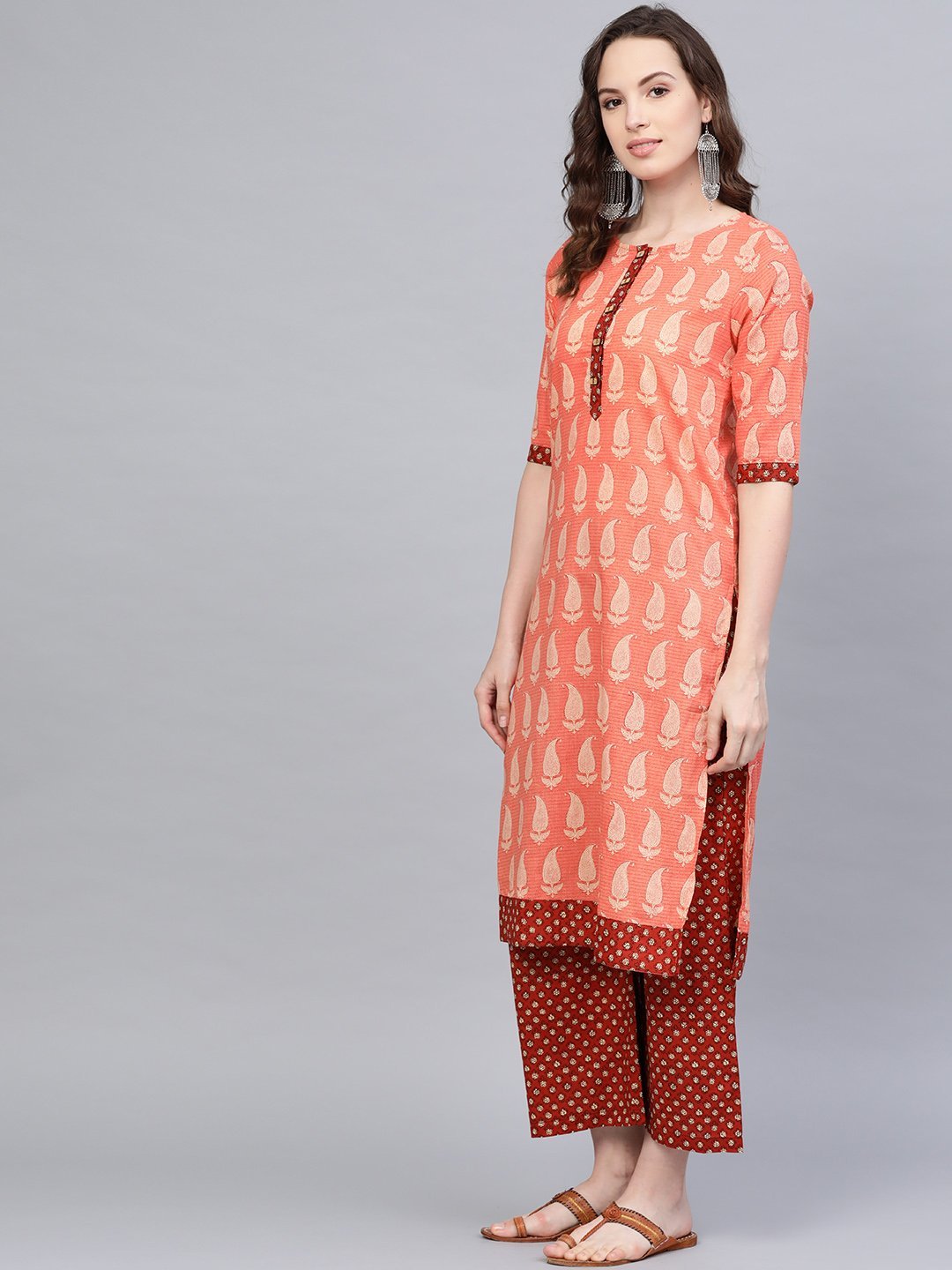 Women's Orange Cotton Printed Half Sleeve Round Neck Casual Kurta Palazzo Set