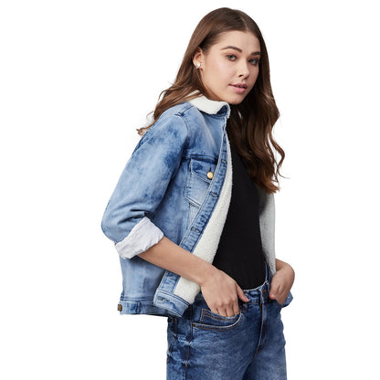 Women's Denim Jacket with Soft Warm Faux Fur Lining inside - Ice Blue