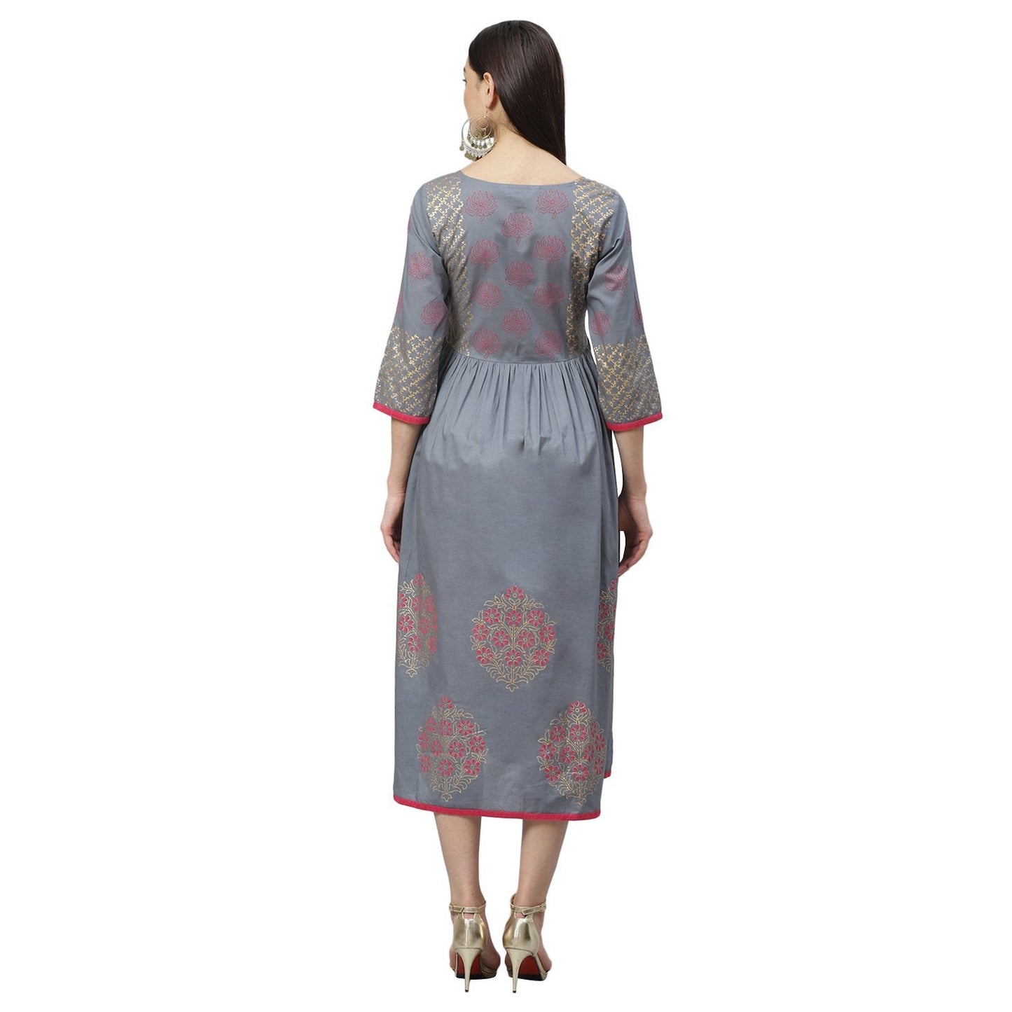 Women's Grey Cotton Printed 3/4 Sleeve Round Neck Casual Dress
