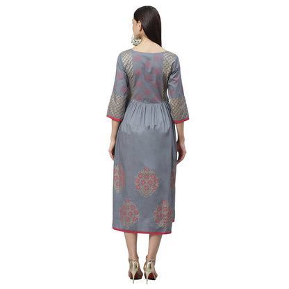 Women's Grey Cotton Printed 3/4 Sleeve Round Neck Casual Dress