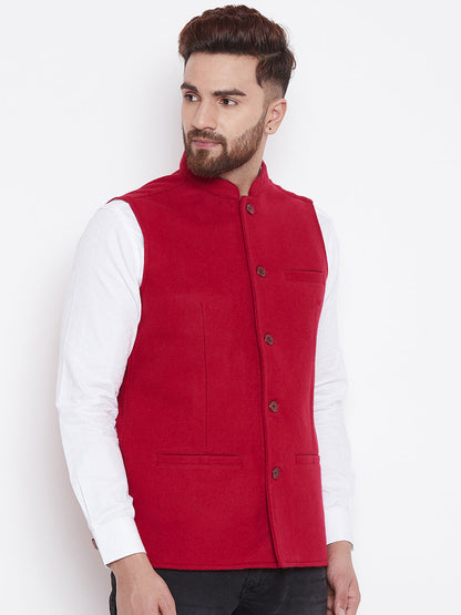 Men's Wool Red Nehru Jacket