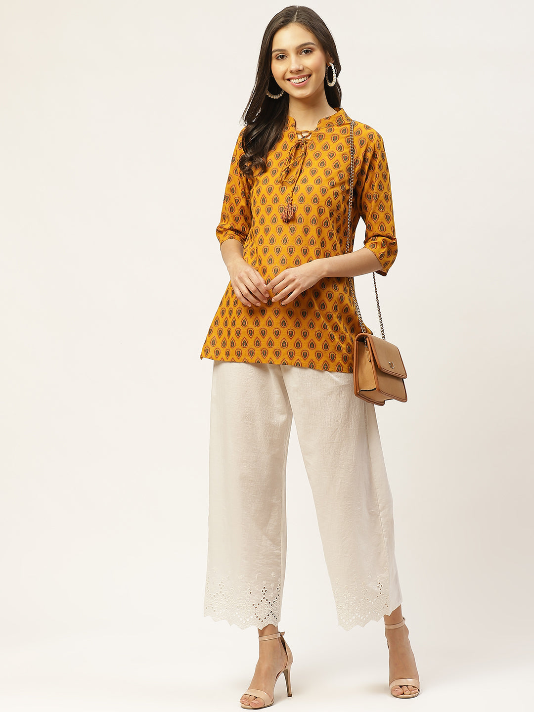 Women's White Solid Schiffli Straight Cotton Palazzos