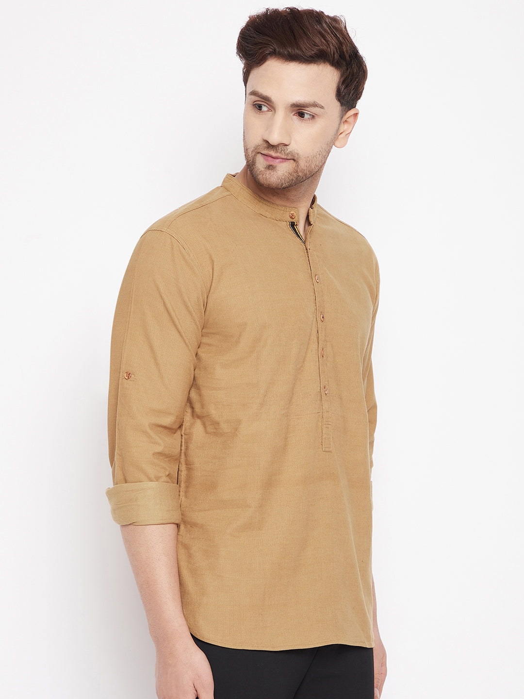 Men's Beige Color Short Kurta with Band Collar