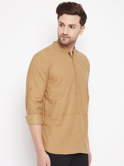 Men's Beige Color Short Kurta with Band Collar