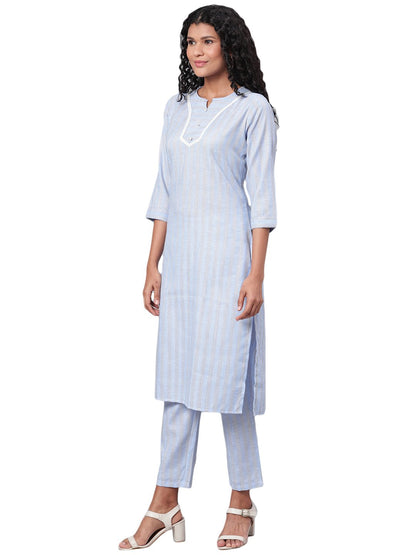 Women's Blue Printed 3/4 Sleeve Cotton Maidran Coller Kurta & Palazzo Set