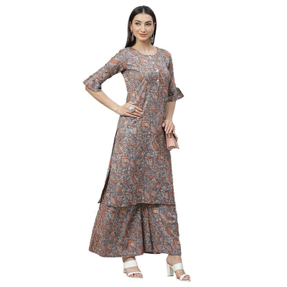 Women's Grey Cotton Linen Printed Half Sleeve Round Neck Casual Kurta Palazzo Set