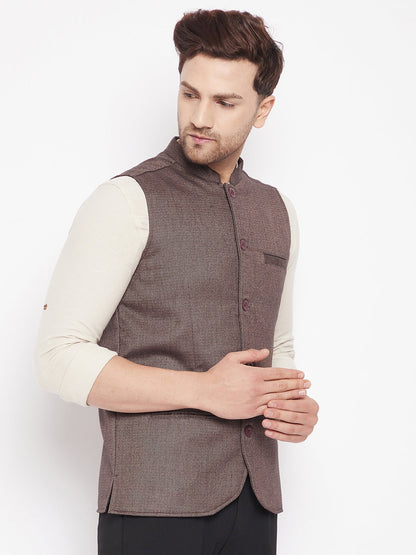 Men's Brown Color Woven Nehru Jacket