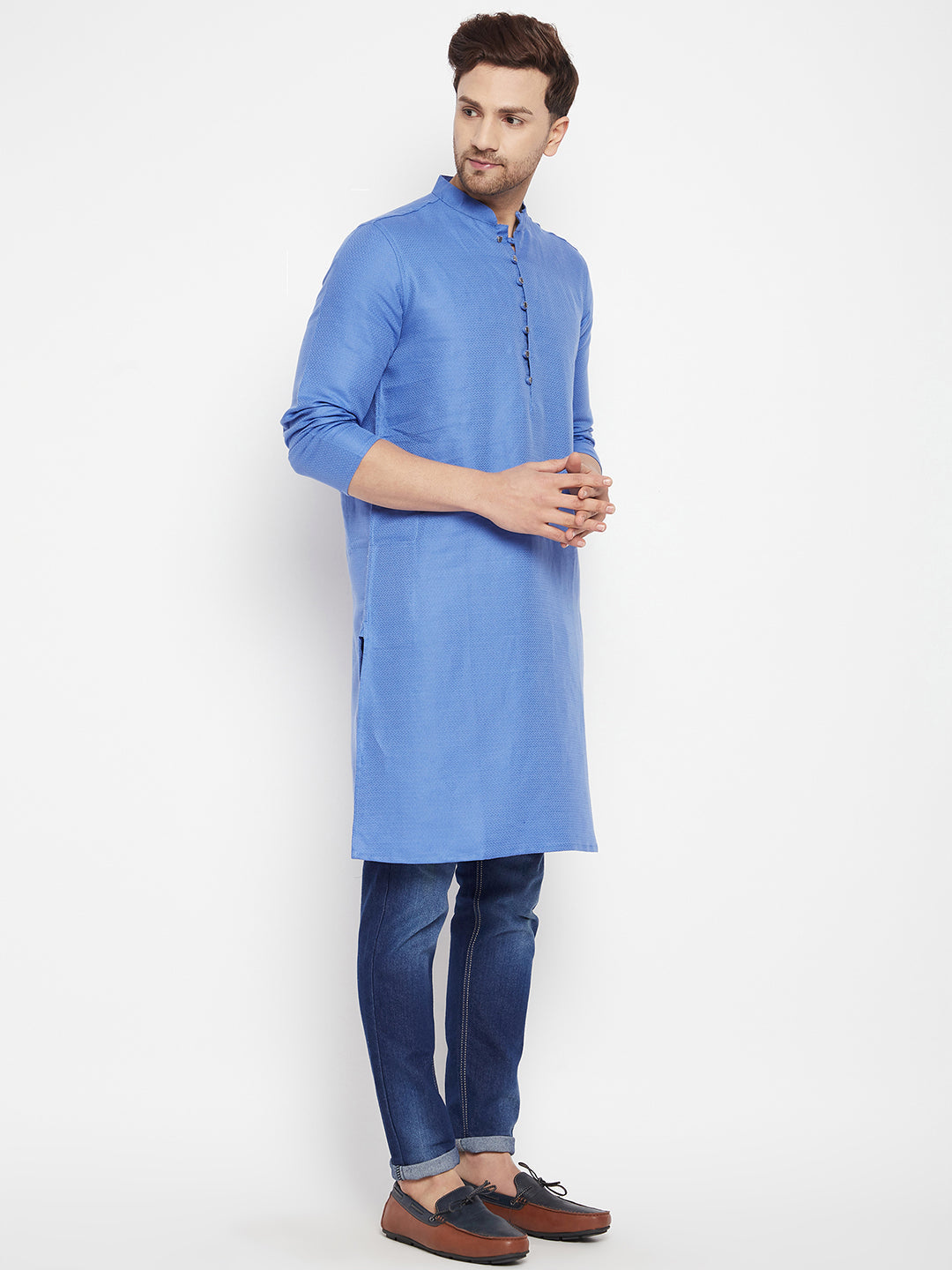 Men's Blue Color Long Kurta with Band Collar