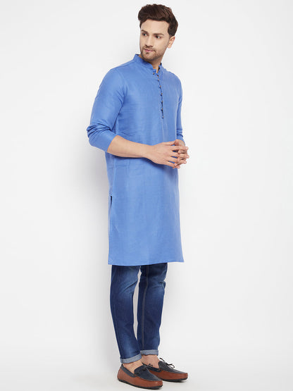 Men's Blue Color Long Kurta with Band Collar