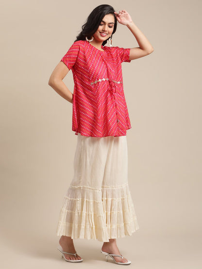 Women's Pink Bandhej Gota Patti Embellished Top With Off White Shrarara Set
