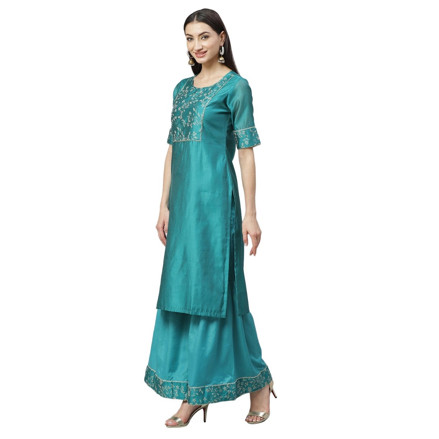 Women's Rama Green Chanderi Printed Half Sleeve Round Neck Casual Kurta Sharara Set