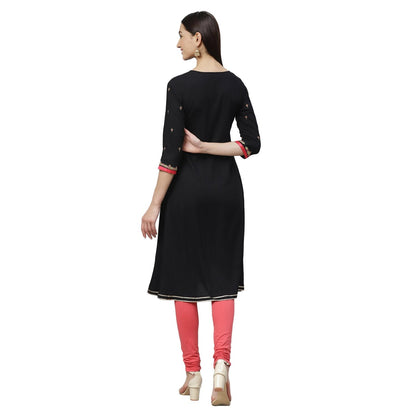 Women's Black Rayon Printed 3/4 Sleeve Round Neck Casual Kurta Only