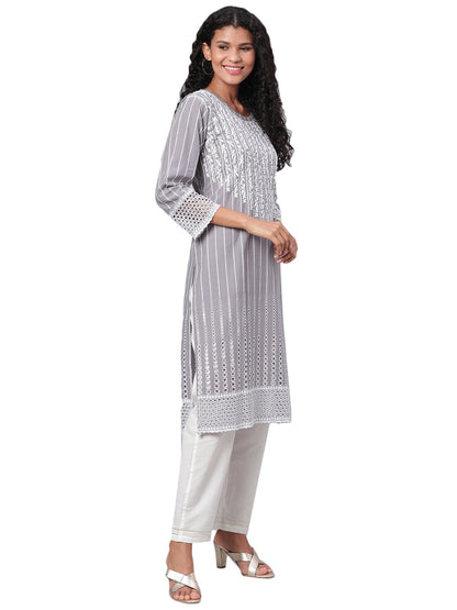 Women's Grey Embroidrey 3/4 Sleeve Cotton Round Neck Casual Kurta Only