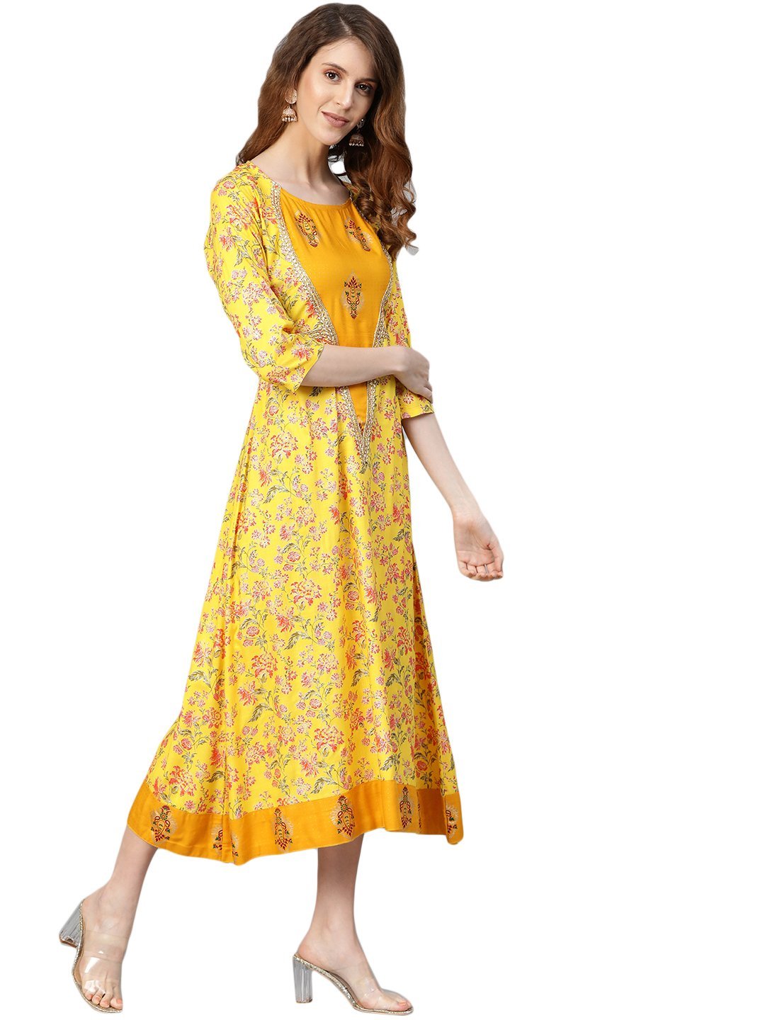 Women's Yellow Printed 3/4 Sleeve Cotton Slub Round Neck Casual Dress