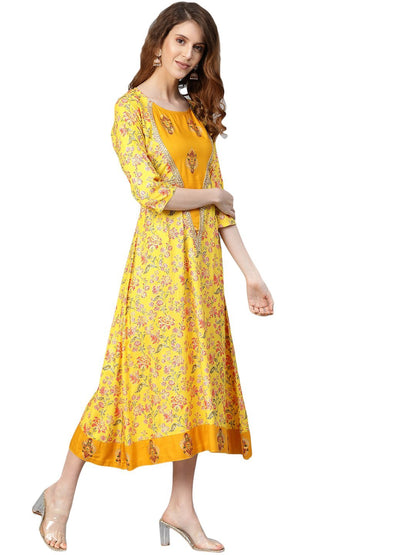 Women's Yellow Printed 3/4 Sleeve Cotton Slub Round Neck Casual Dress
