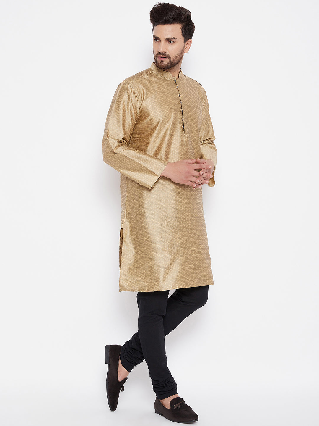 Men's Woven Design Gold Straight  Kurta
