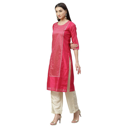 Women's Pink Chanderi Printed 3/4 Sleeve Round Neck Casual Kurta Pant Set