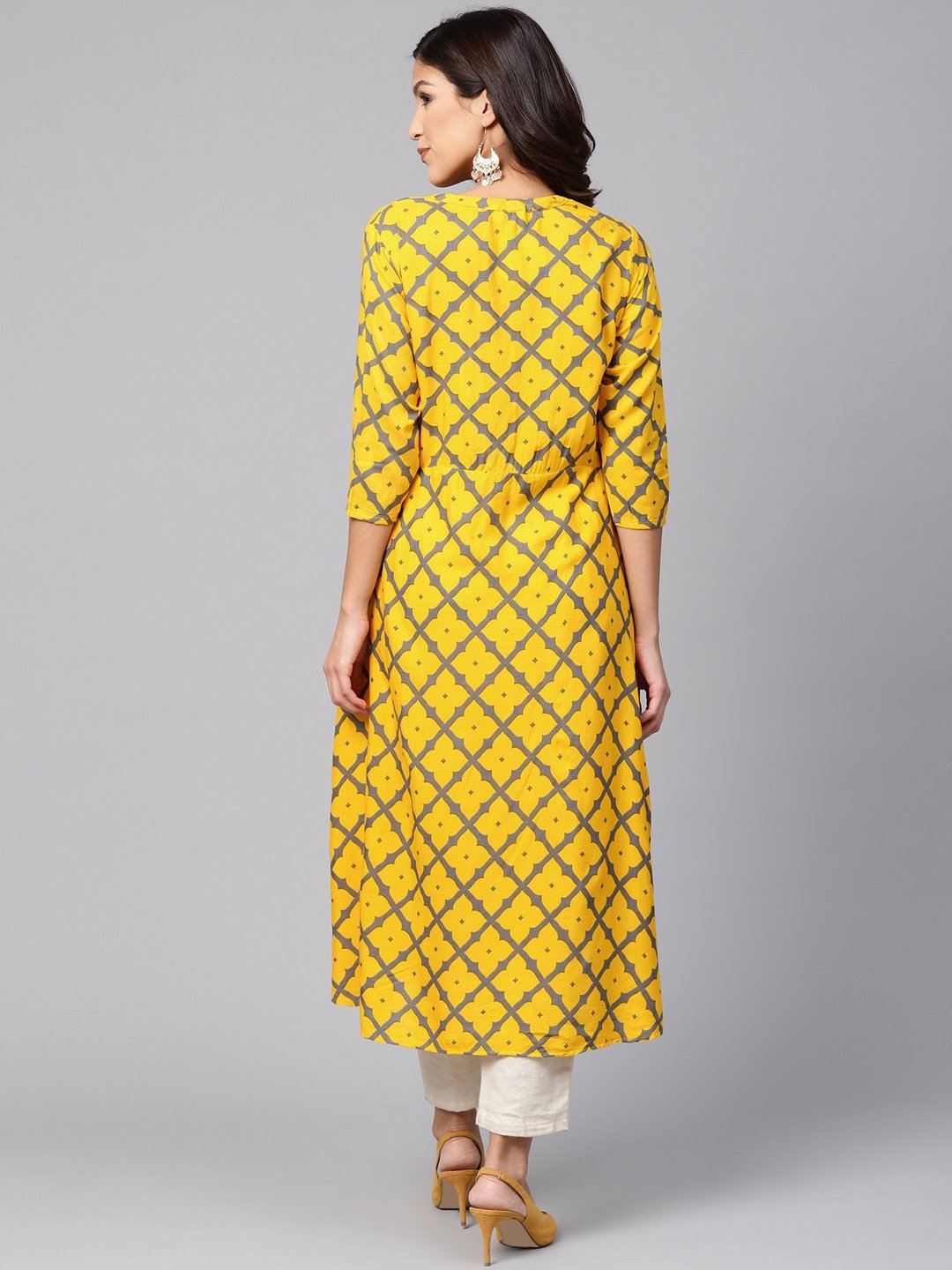 Women's Yellow Cotton Printed 3/4 Sleeve Coller Neck Dress