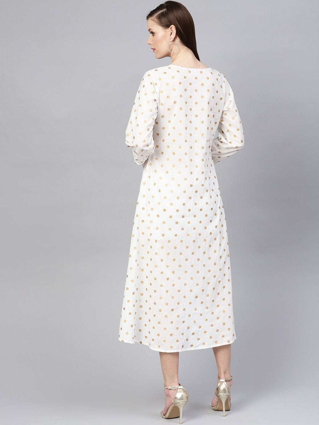 Women's White & Beige Polka Dots Printed A-Line Dress