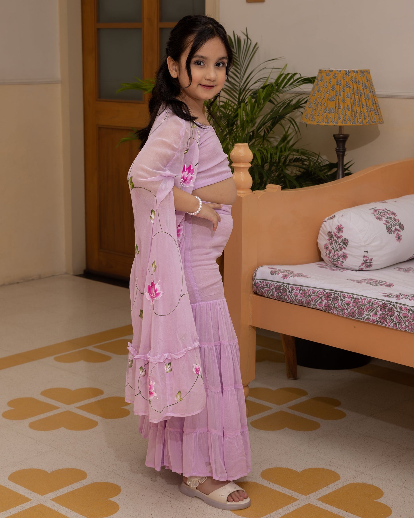 Girl's Gardenia Lavender Handpainted Georgette Co ord Set