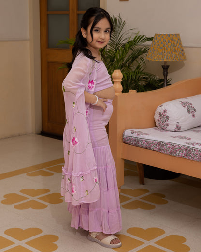 Girl's Gardenia Lavender Handpainted Georgette Co ord Set