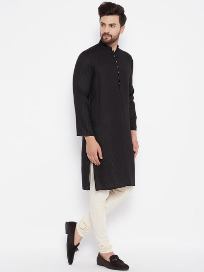 Men's Woven Design Black Straight Kurta