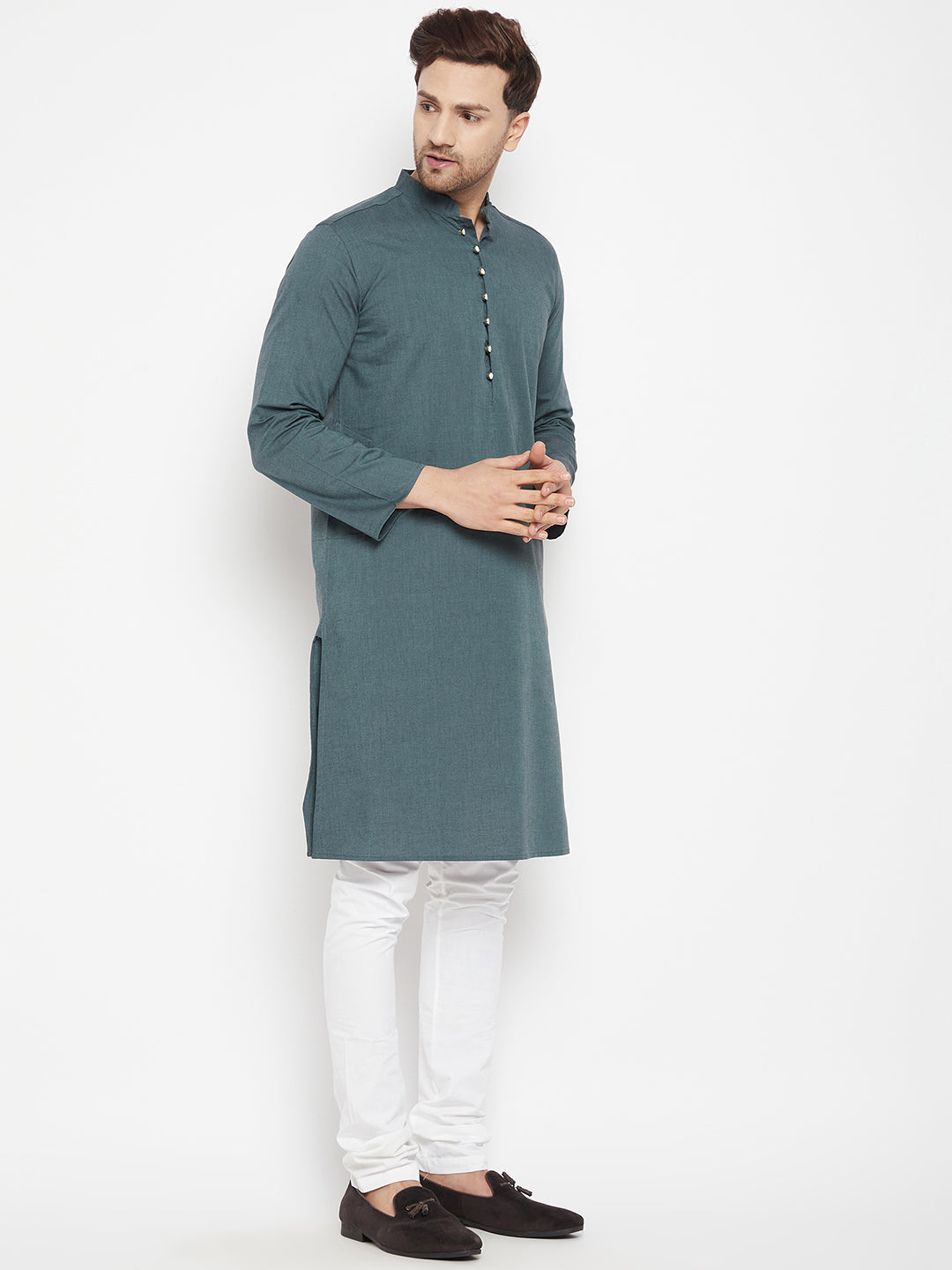 Men's Green Color Long Kurta with Band Collar