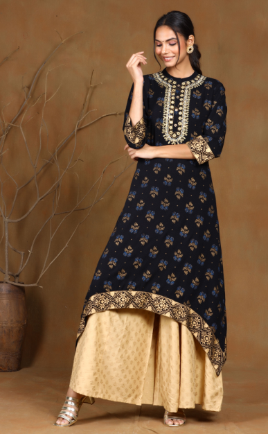 Women's Black Rayon Dobby Asymmetric Kurta