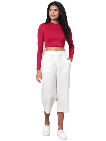 Women White Solid Cotton Trouser by Myshka