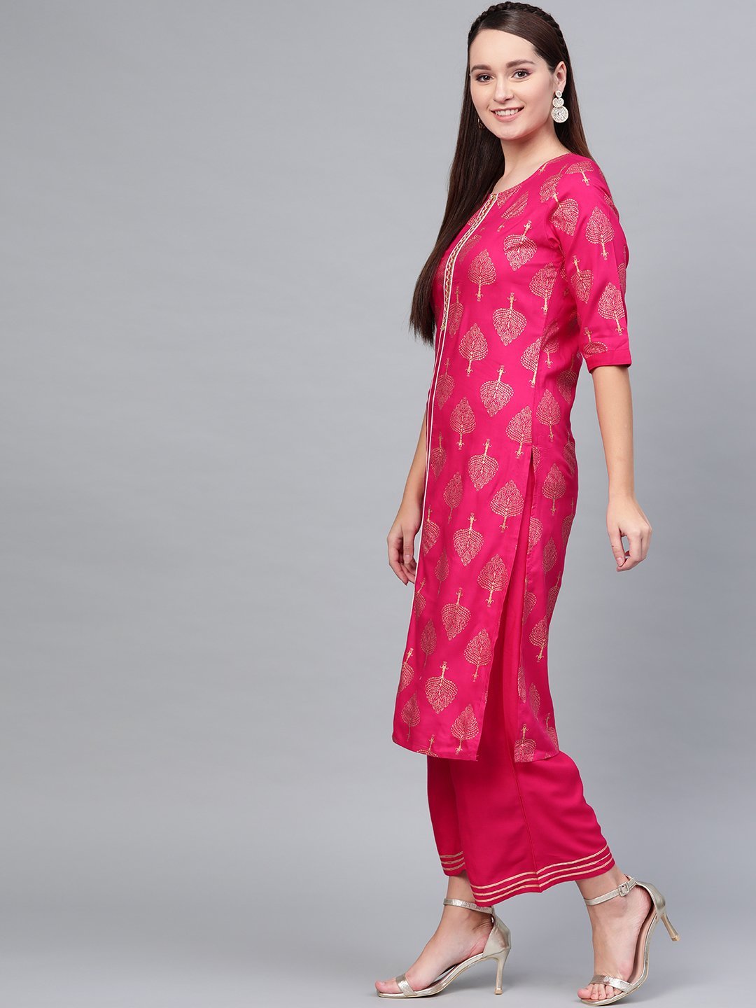Women Pink Cotton Printed Kurta Palazzo Set by Myshka (