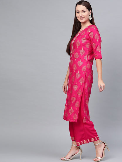 Women Pink Cotton Printed Kurta Palazzo Set by Myshka (