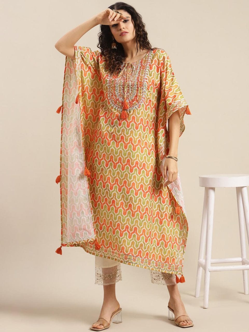 Women's Orange Ethnic Motifs Printed Flared Sleeves Kurta