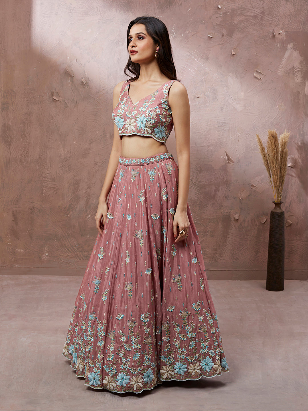 Women's Coral Georgette Sequins With Heavy Zarkan Embroidery Ready To Wear  Lehenga Choli & Dupatta