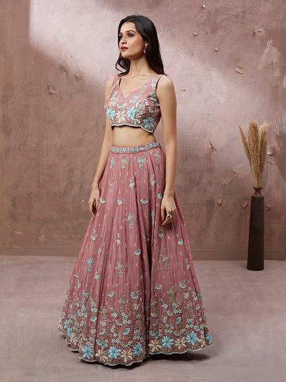 Women's Coral Georgette Sequins With Heavy Zarkan Embroidery Ready To Wear  Lehenga Choli & Dupatta