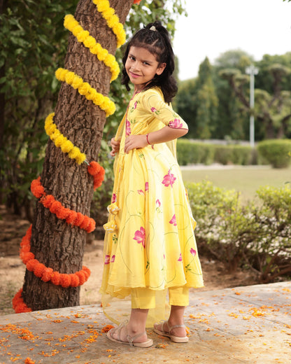 Girl's Buttercup Yellow Muslin Silk Handpainted Suit Set