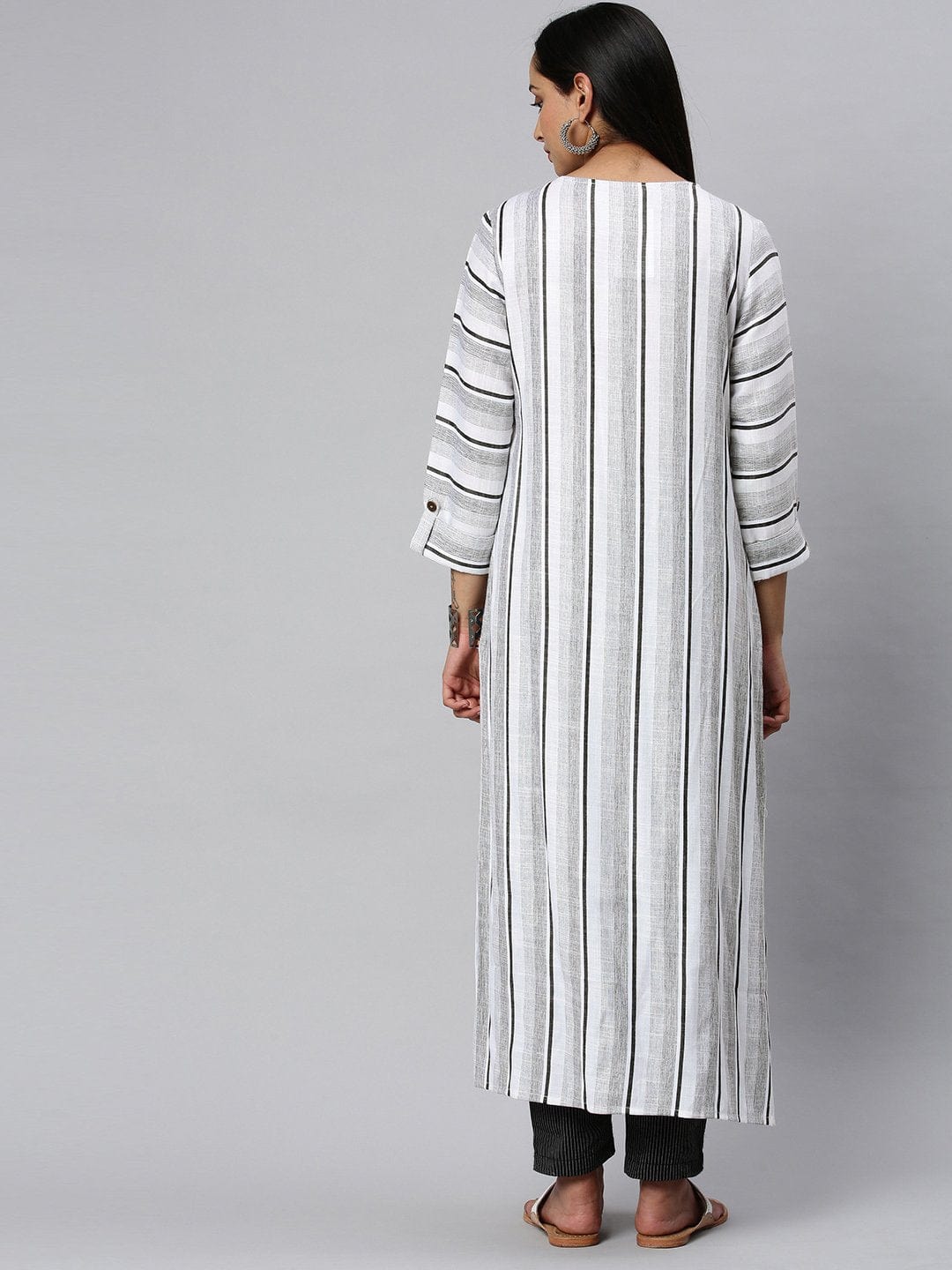 Women's KSUT White And Black Stripe Woven Kurta With 3/4Th Sleeves