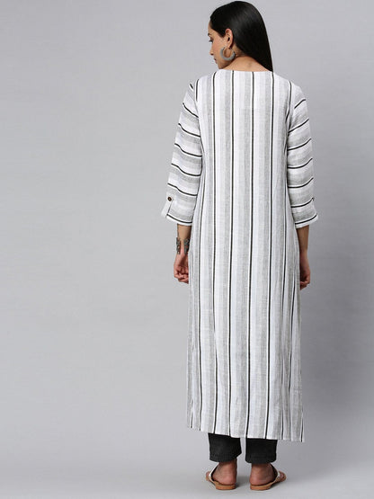 Women's KSUT White And Black Stripe Woven Kurta With 3/4Th Sleeves