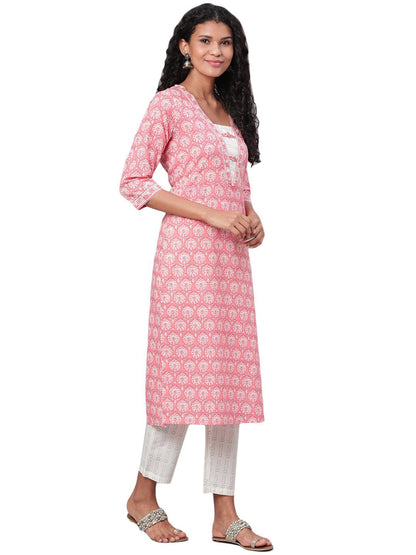 Women's Pink Printed 3/4 Sleeve Cotton Square Neck Kurta Pant & Dupatta Set
