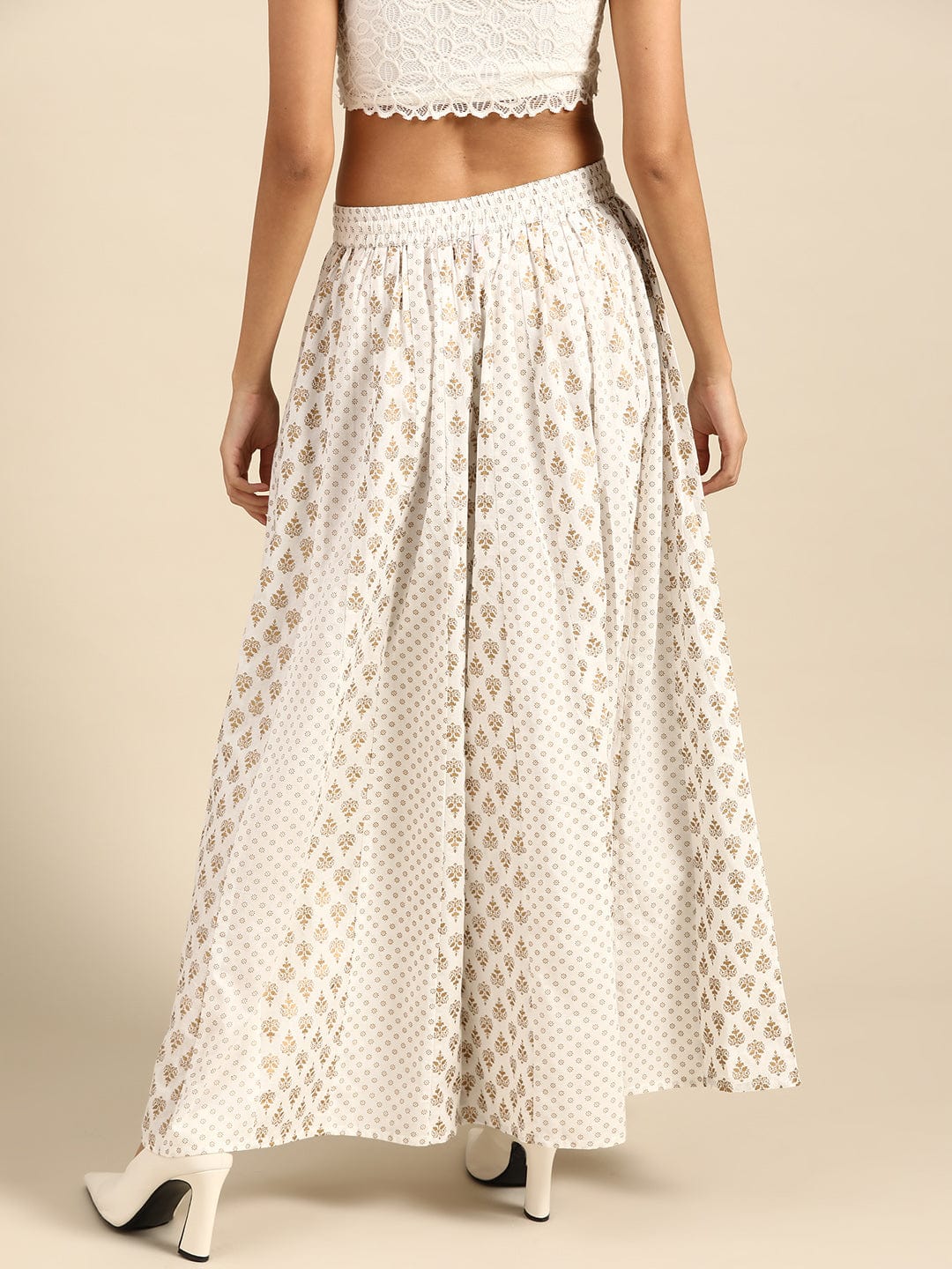Women's White & Golden Printed Flared Palazzos