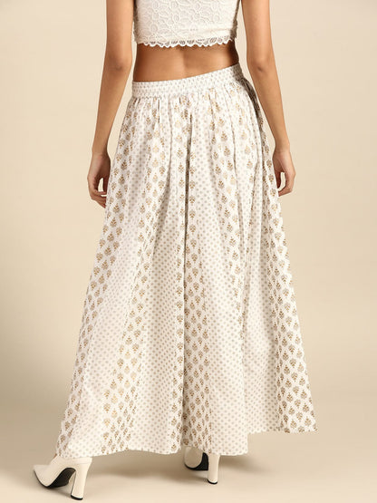 Women's White & Golden Printed Flared Palazzos