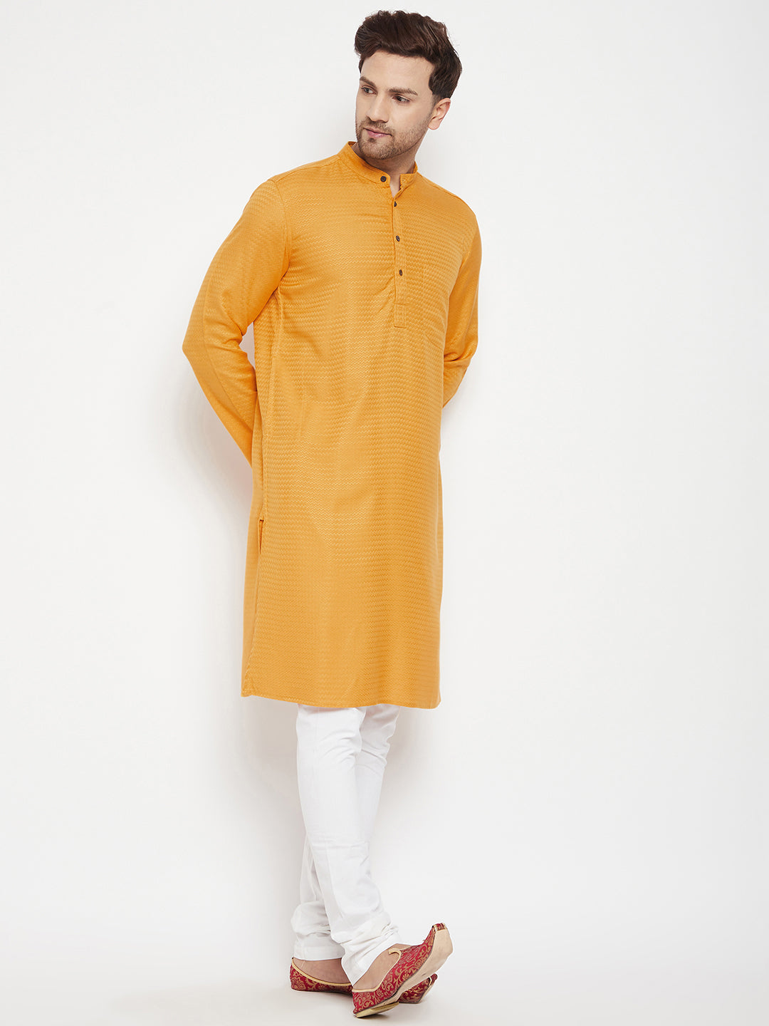 Men's Yellow Color Long Kurta with Band Collar