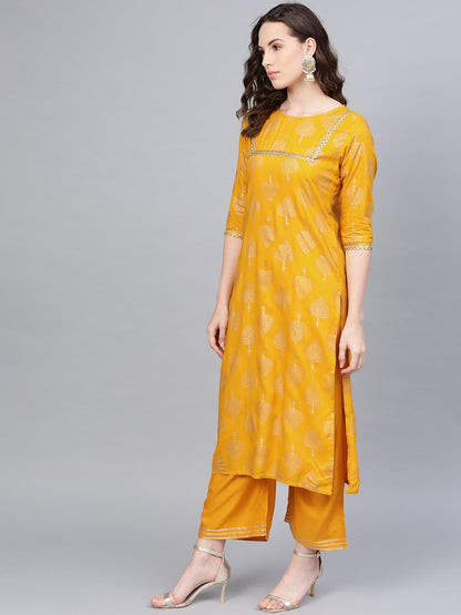 Women's Yellow Cotton Printed Half Sleeve Round Neck Casual Kurta Palazzo Set
