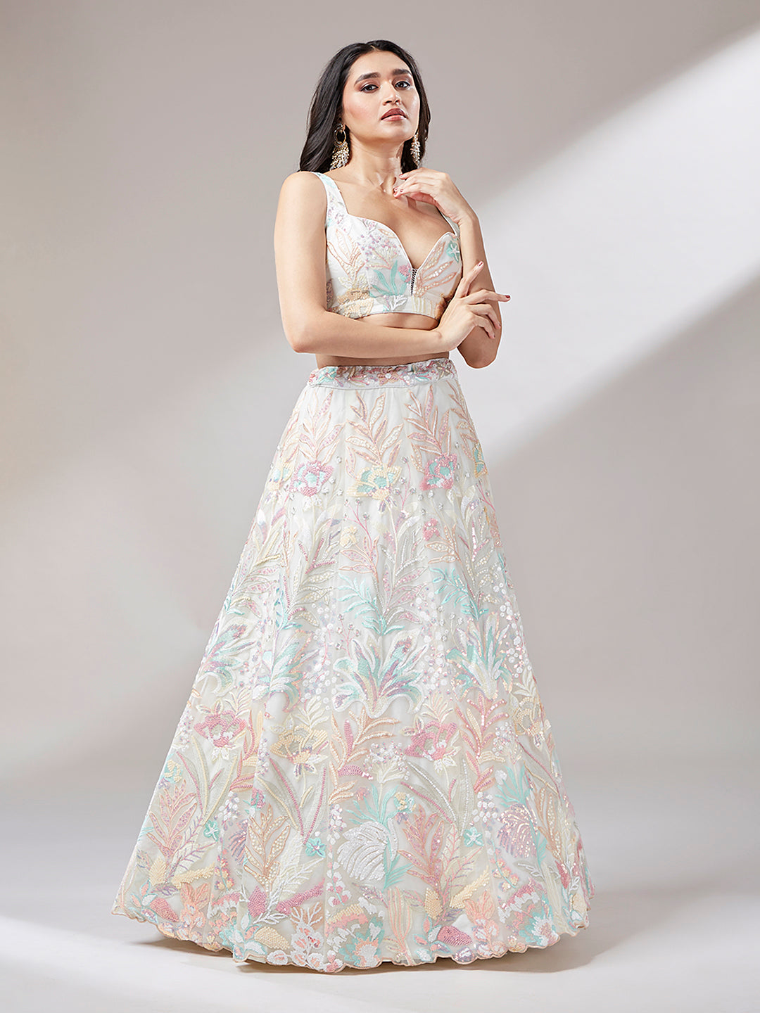 Women 's Cream Net Sequinse Work Ready to Wear Lehenga & stitched Blouse with Dupatta