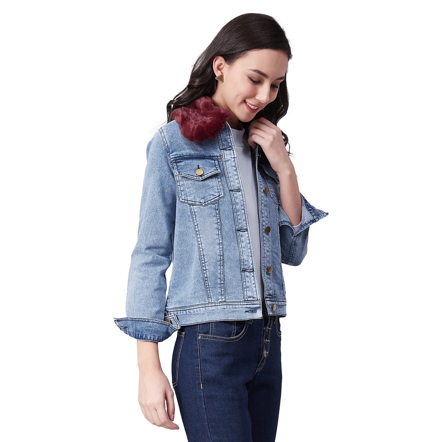 Women's Distressed Denim Jacket with Detachable Maroon Fur Collar