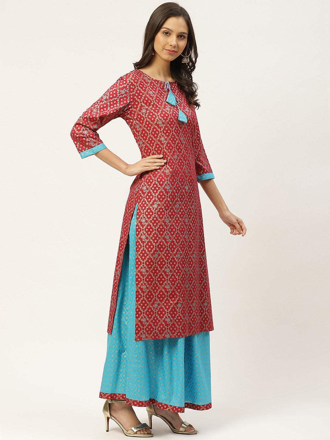 Women's Red & Blue Ethnic Motifs Hand Printed Kurta with Skirt