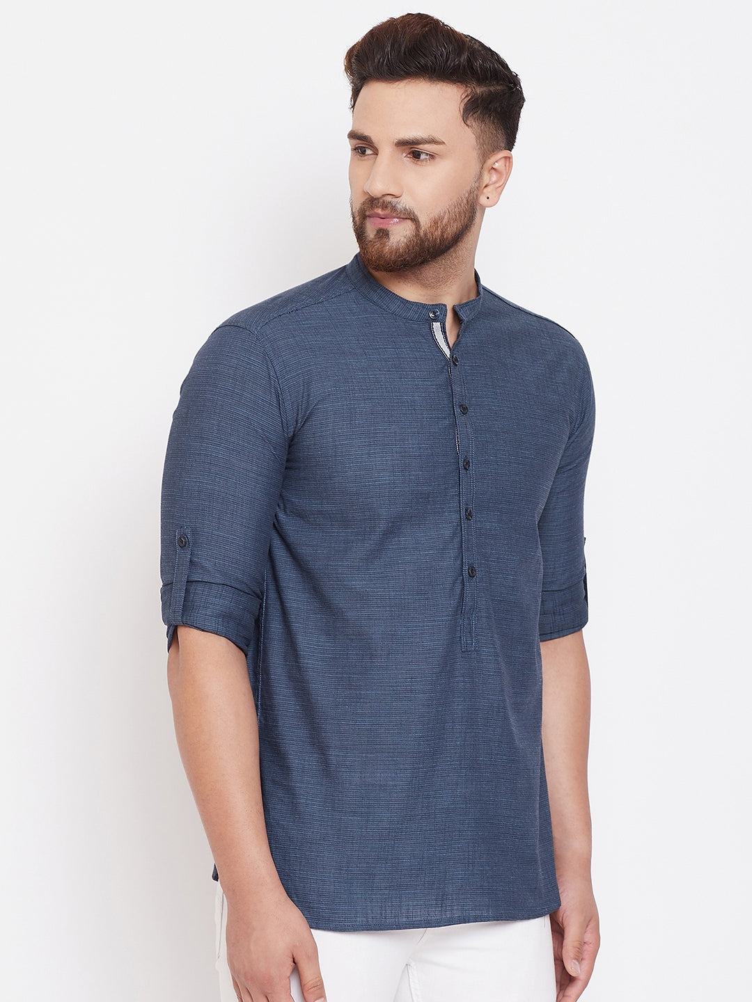 Men's Woven Design Navy Blue Shirt Kurta