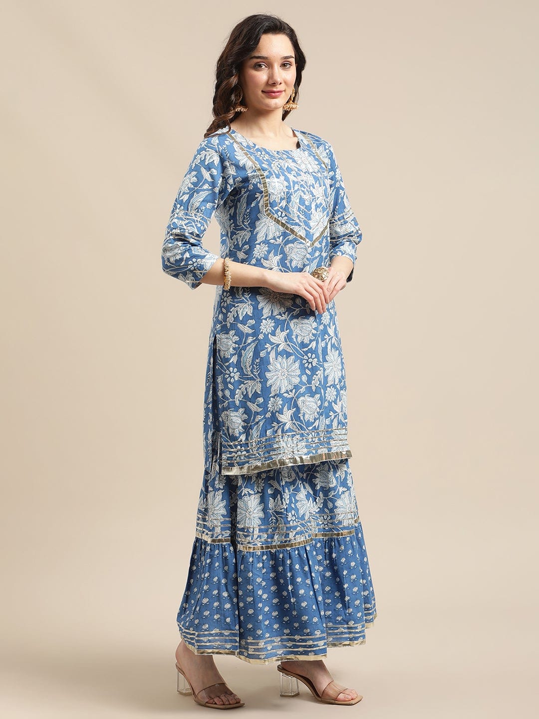 Women's Blue And White Floral Gota Embellished Printed Kurta Sharara Set With Tie N Dye Dupatta
