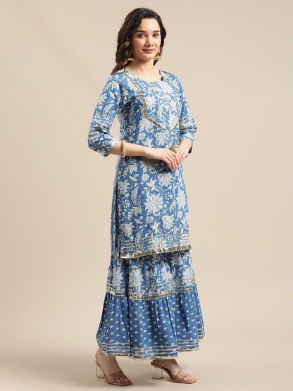 Women's Blue And White Floral Gota Embellished Printed Kurta Sharara Set With Tie N Dye Dupatta
