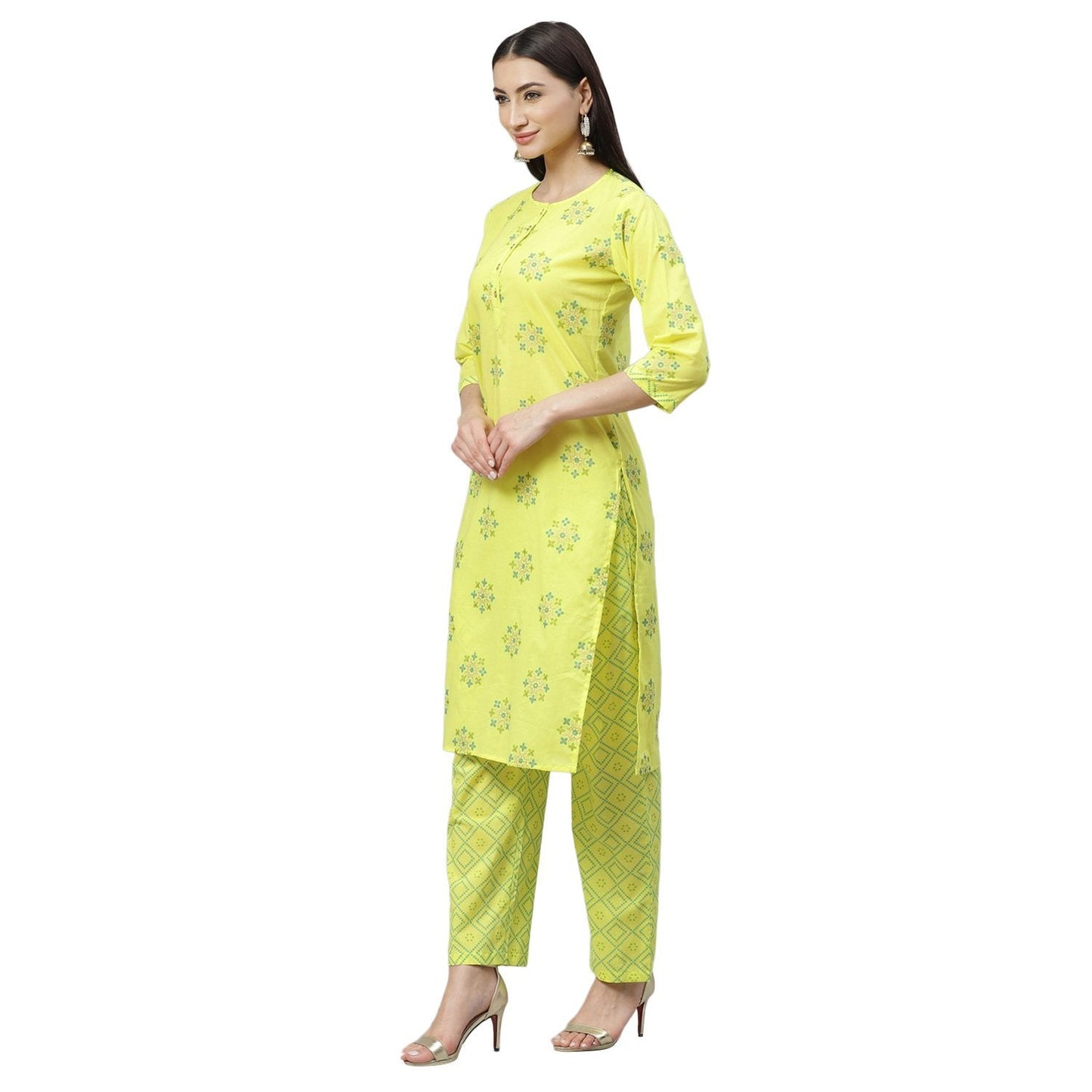 Women's Yellow Cotton Printed 3/4 Sleeve Round Neck Casual Kurta Pant Set